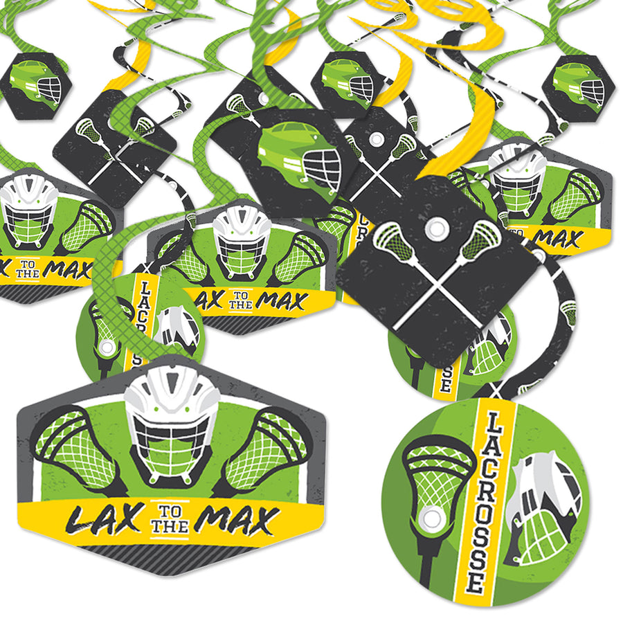 A set of party decoration swirls with a lacrosse theme, including images of lacrosse sticks and the phrase 'LAX TO THE MAX'. The decorations are displayed flat and are meant to be hung for a party.