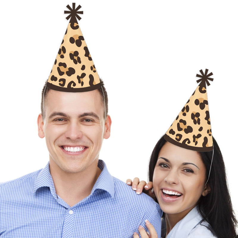 Leopard Print - Cone Happy Birthday Party Hats for Kids and Adults - Set of 8 (Standard Size)