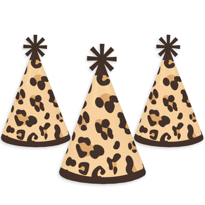 Leopard Print - Cone Happy Birthday Party Hats for Kids and Adults - Set of 8 (Standard Size)
