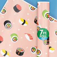 Rolls of pink wrapping paper with a pattern of various sushi pieces, indicating a 7 ft. roll made in the USA.