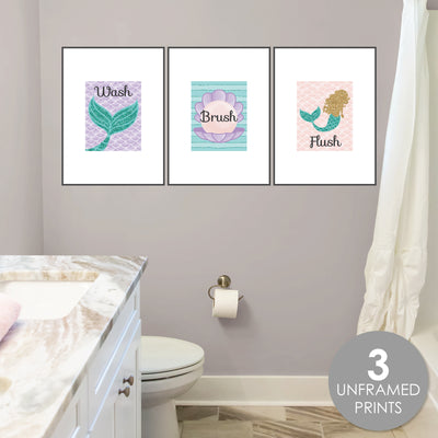 Let’s Be Mermaids - Unframed Wash, Brush, Flush - Bathroom Wall Art - 8 x 10 inches - Set of 3 Prints