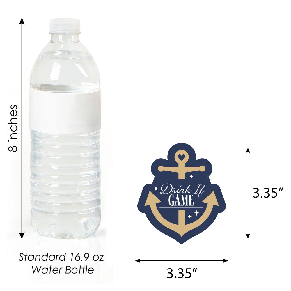 Anchor shaped Drink If cards close up navy gold nautical design
