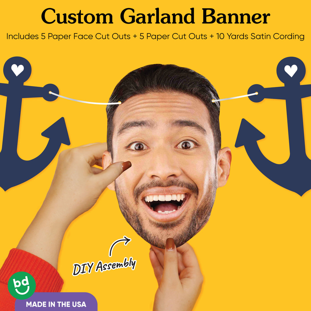Close up of personalized face cutout and anchor banner pieces