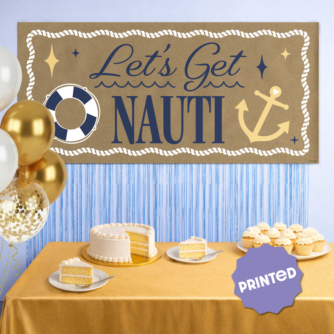 Nautical bachelorette party setup with kraft banner backdrop