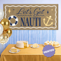 Nautical bachelorette party setup with kraft banner backdrop