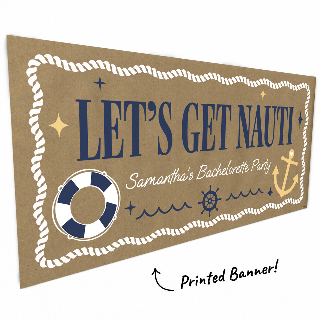 Close up of custom text on nautical kraft banner design