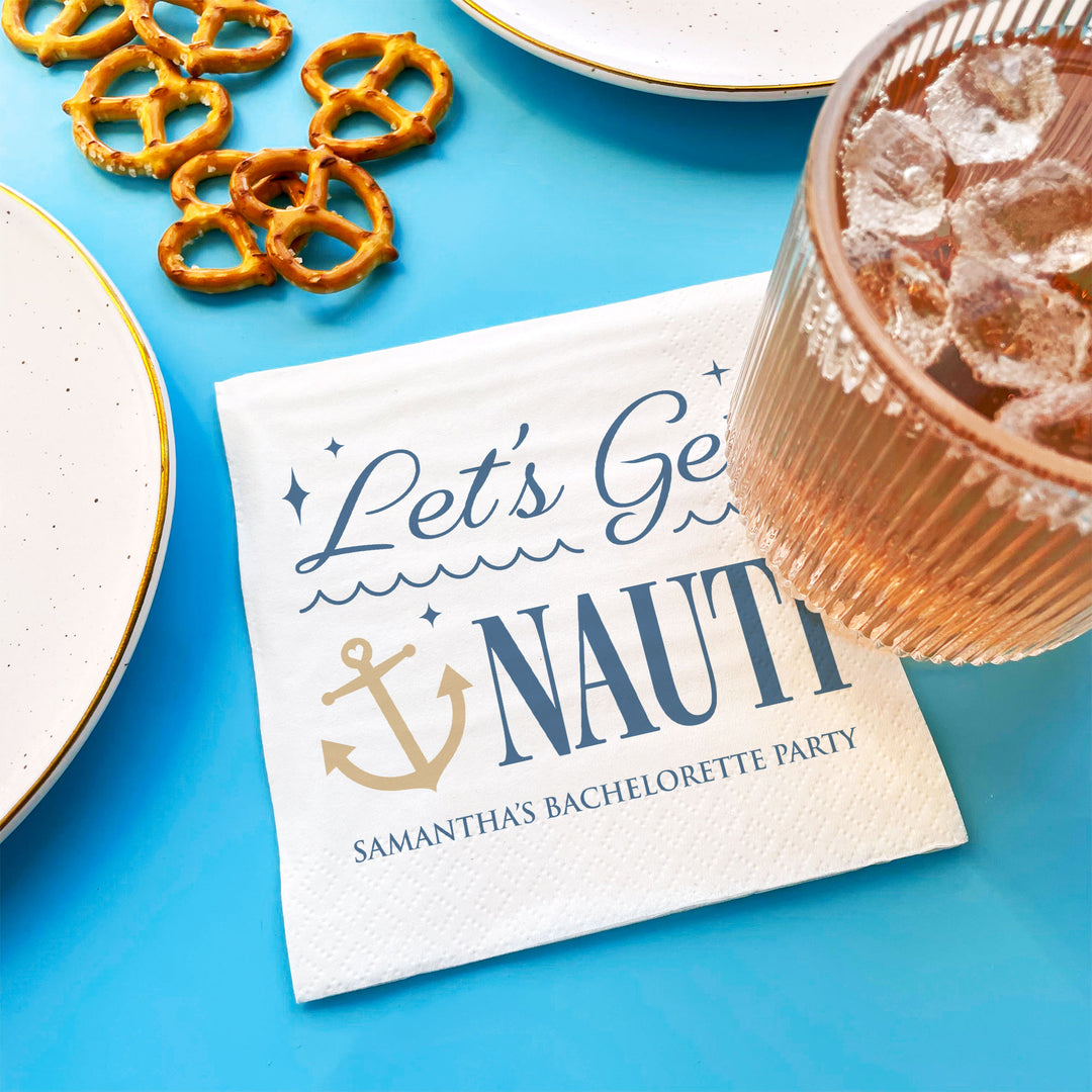 Cocktail napkins styled at nautical bachelorette party bar