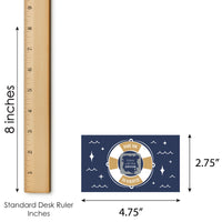 Nautical-themed card with life buoy graphic and text, shown with a ruler for size reference.