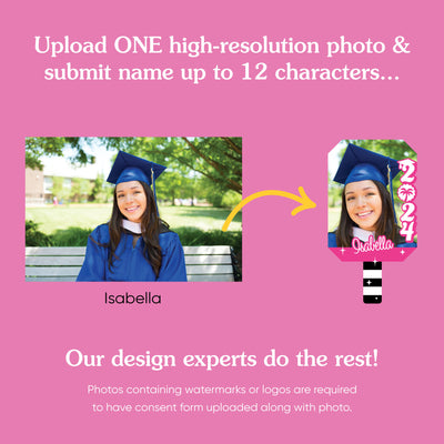 Big Dot of Happiness Custom Let's Go Graduate, Class of 2024 Face Fans with Handles, Personalized Grad Big Head on Stick, Graduation Face Cutouts, Party Photo Booth Props, Pink 1pc