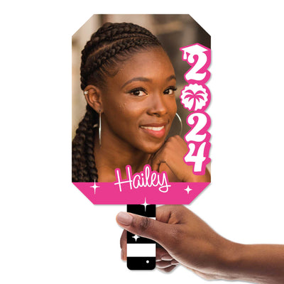 Big Dot of Happiness Custom Let's Go Graduate, Class of 2024 Face Fans with Handles, Personalized Grad Big Head on Stick, Graduation Face Cutouts, Party Photo Booth Props, Pink 1pc