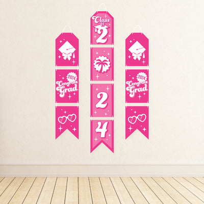 Let's Go Graduate - Hanging Vertical Paper Door Banners - 2024 Hot Pink Graduation Party Wall Decoration Kit - Indoor Door Decor