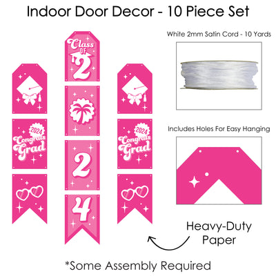 Let's Go Graduate - Hanging Vertical Paper Door Banners - 2024 Hot Pink Graduation Party Wall Decoration Kit - Indoor Door Decor