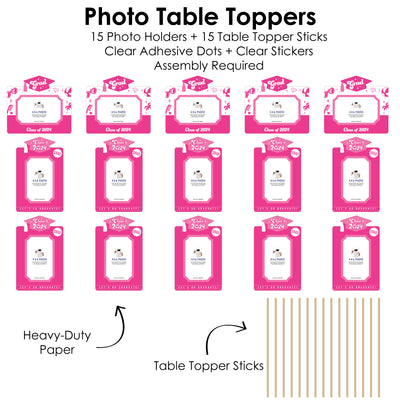 Let's Go Graduate - 2024 Hot Pink Graduation Party Picture Centerpiece Sticks - Photo Table Toppers - 15 Pieces