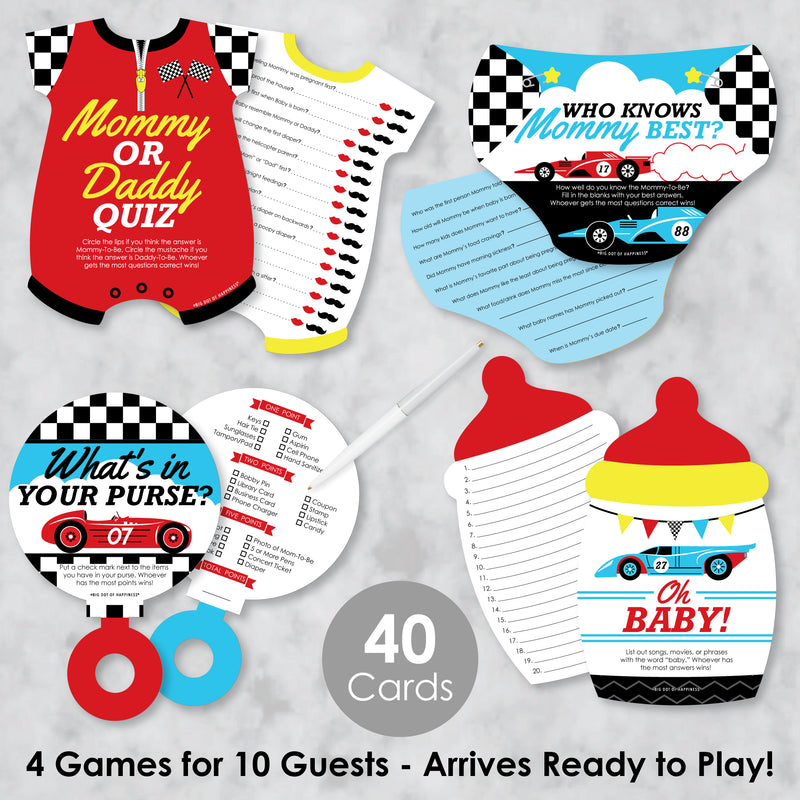 Let’s Go Racing - Racecar - 4 Race Car Baby Shower Games - 10 Cards Each - Who Knows Mommy Best, Mommy or Daddy Quiz, What’s in Your Purse and Oh Baby - Gamerific Bundle