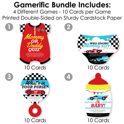 Let’s Go Racing - Racecar - 4 Race Car Baby Shower Games - 10 Cards Each - Who Knows Mommy Best, Mommy or Daddy Quiz, What’s in Your Purse and Oh Baby - Gamerific Bundle