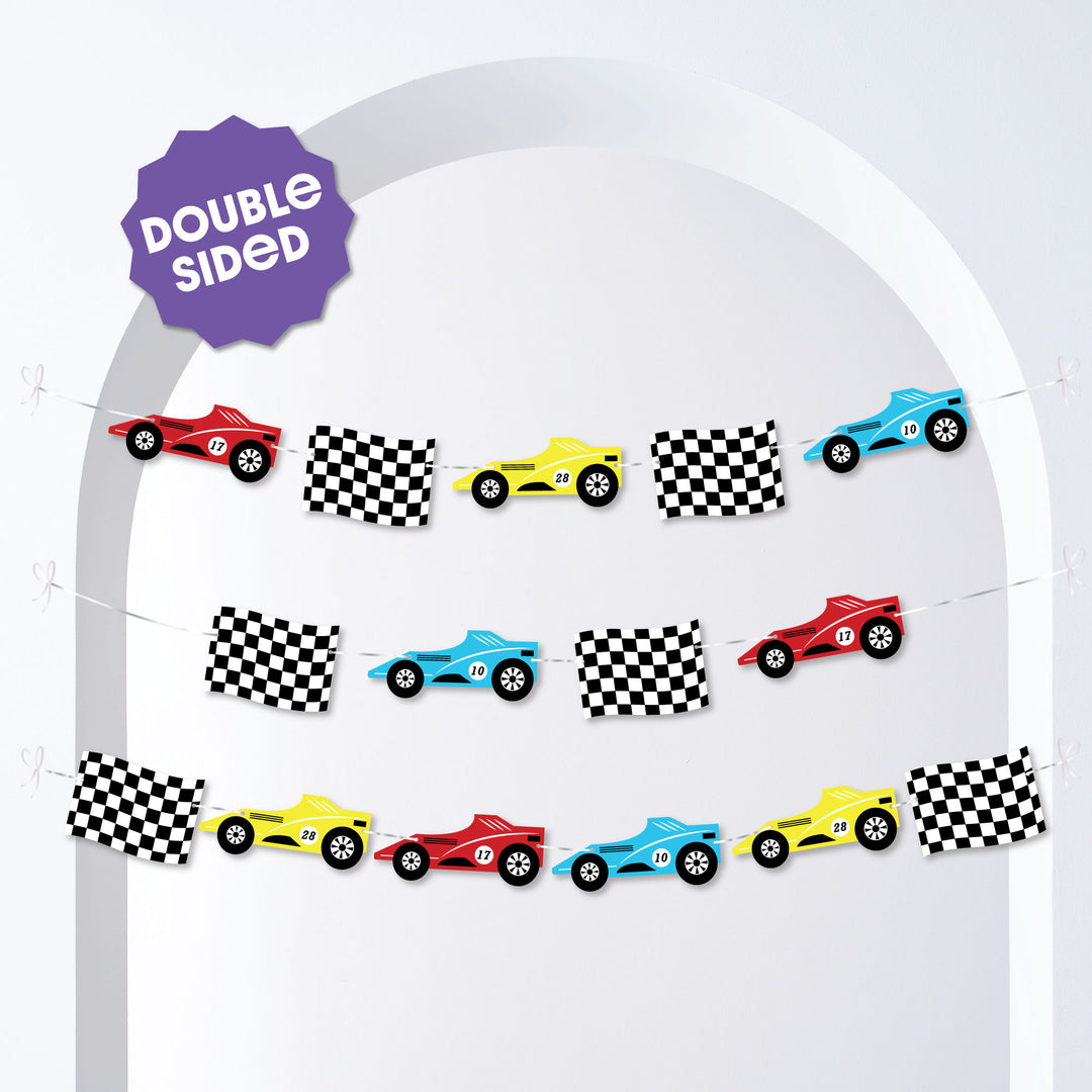 15-piece race car banner set with white cording