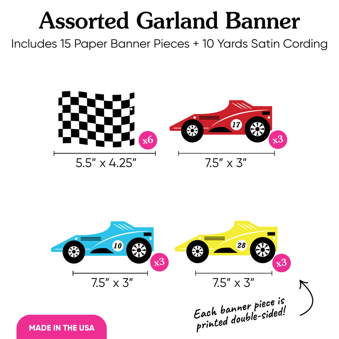 Assorted Garland Banner with race car and checkered flag designs on a white background.