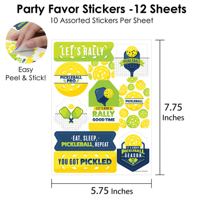 Let’s Rally - Pickleball - Birthday or Retirement Party Favor Sticker Set - 12 Sheets - 120 Stickers