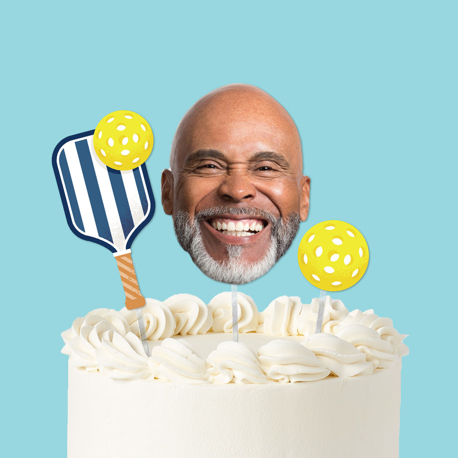 Let’s Rally pickleball custom cake topper with photo face and icons