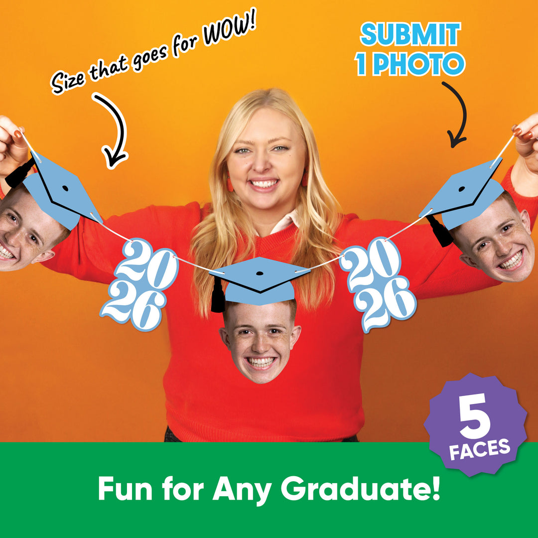 Five custom graduation face cutouts with light blue numbers