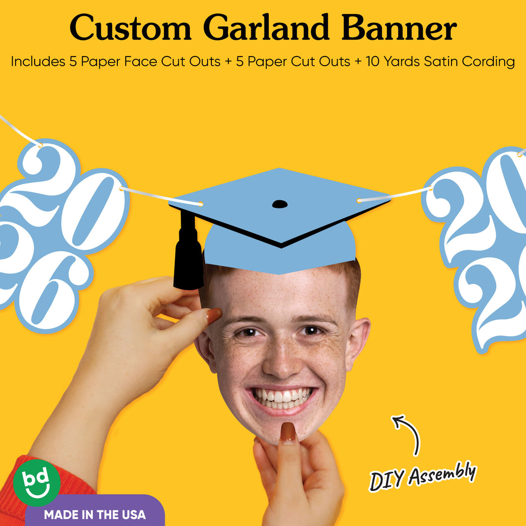Graduation face cutout with cap and light blue 2026 number