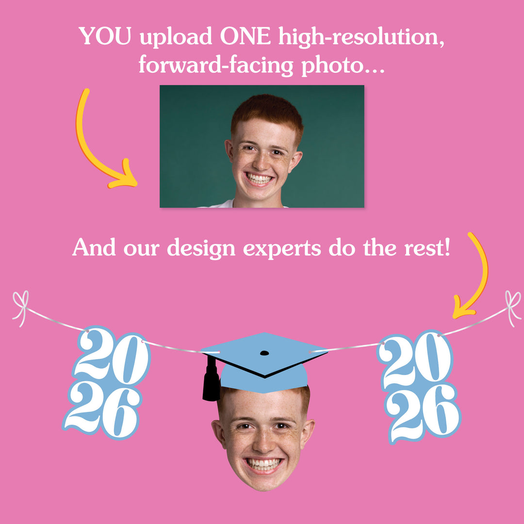 Promotional graphic for photo customization with a person's face and graduation cap overlay on a pink background.