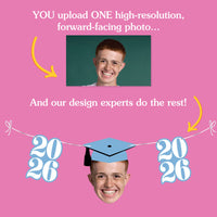 Promotional graphic for photo customization with a person's face and graduation cap overlay on a pink background.