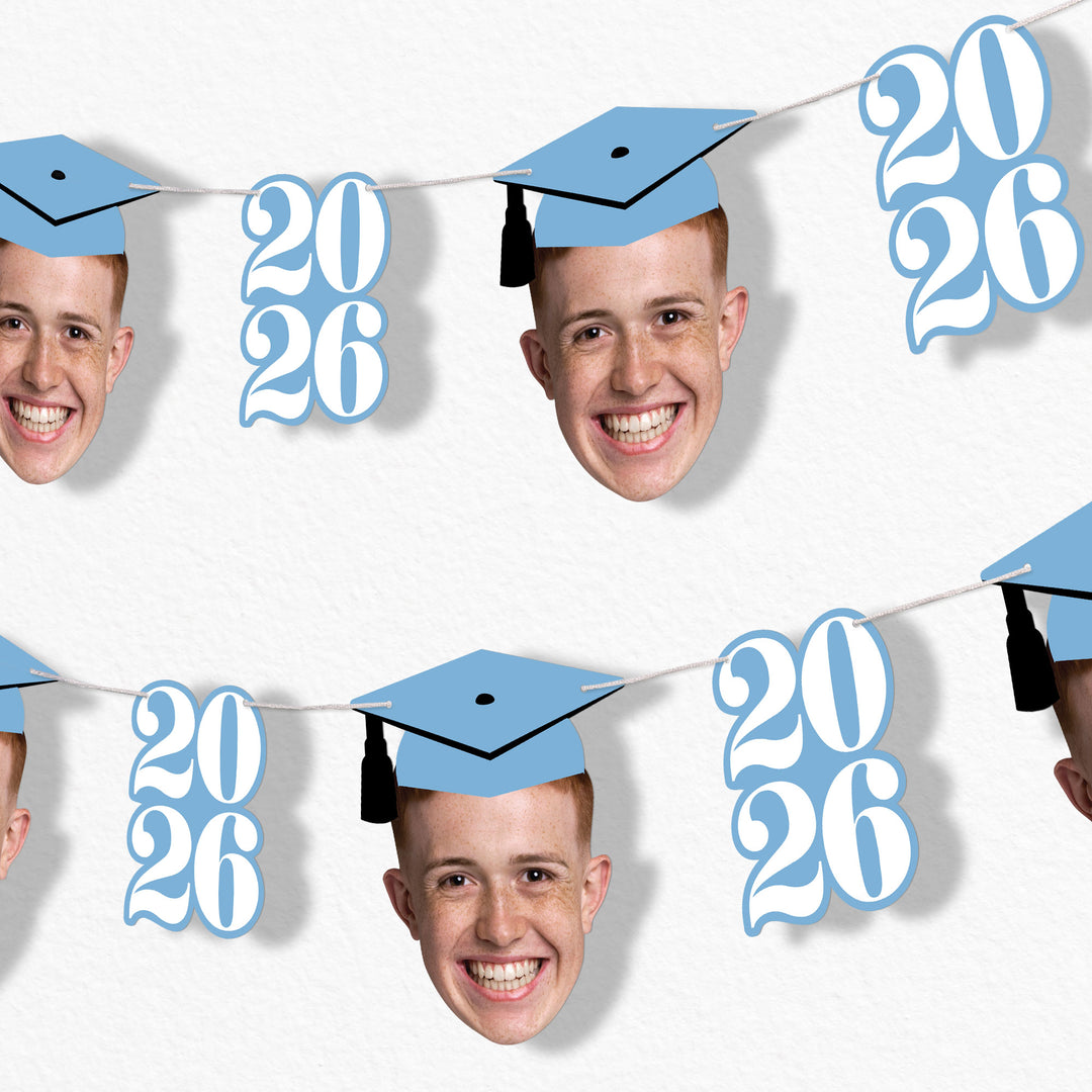Light blue graduation fun face garland banner with custom faces