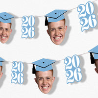 Light blue graduation fun face garland banner with custom faces