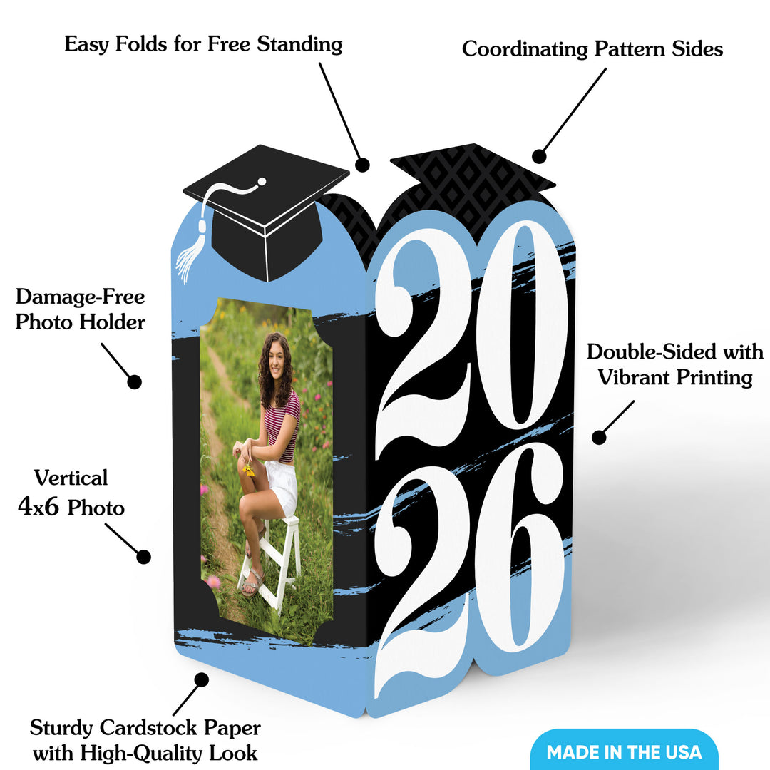 Graduation-themed photo frame with text highlighting features on a white background