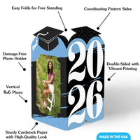 Graduation-themed photo frame with text highlighting features on a white background