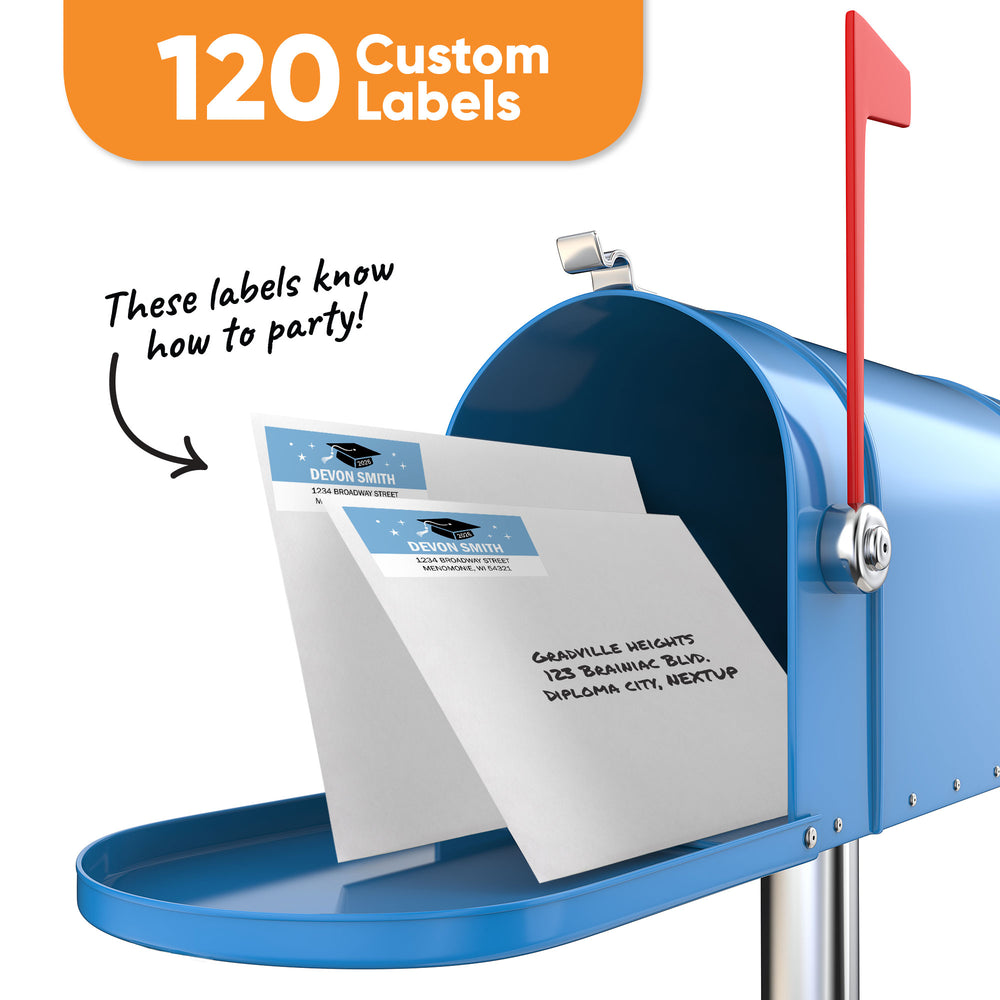 Custom Text Light Blue Graduation Return Address Labels - 120 Ct