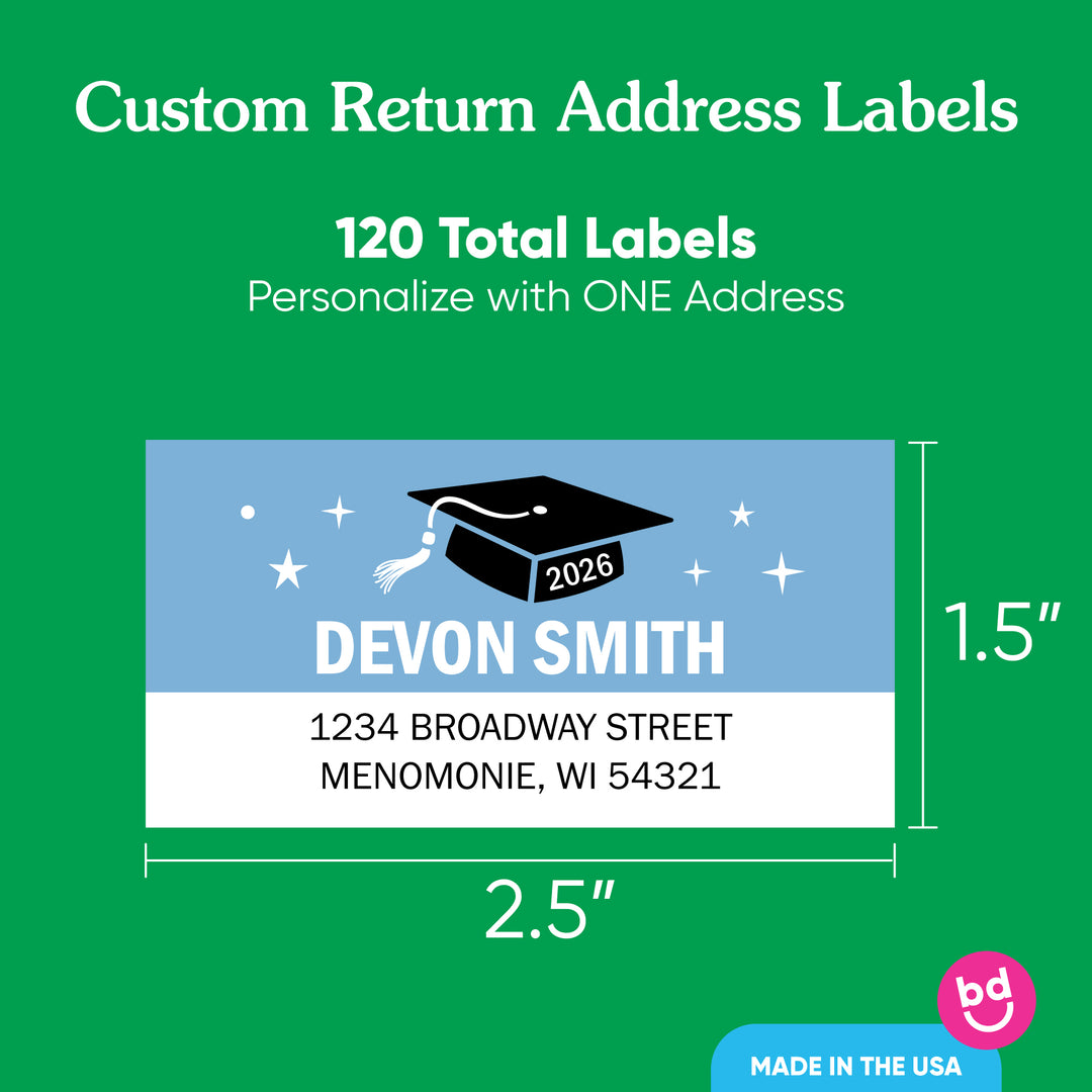 Custom Text Light Blue Graduation Return Address Labels - 120 Ct