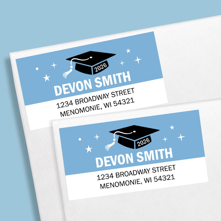 Custom Text Light Blue Graduation Return Address Labels - 120 Ct