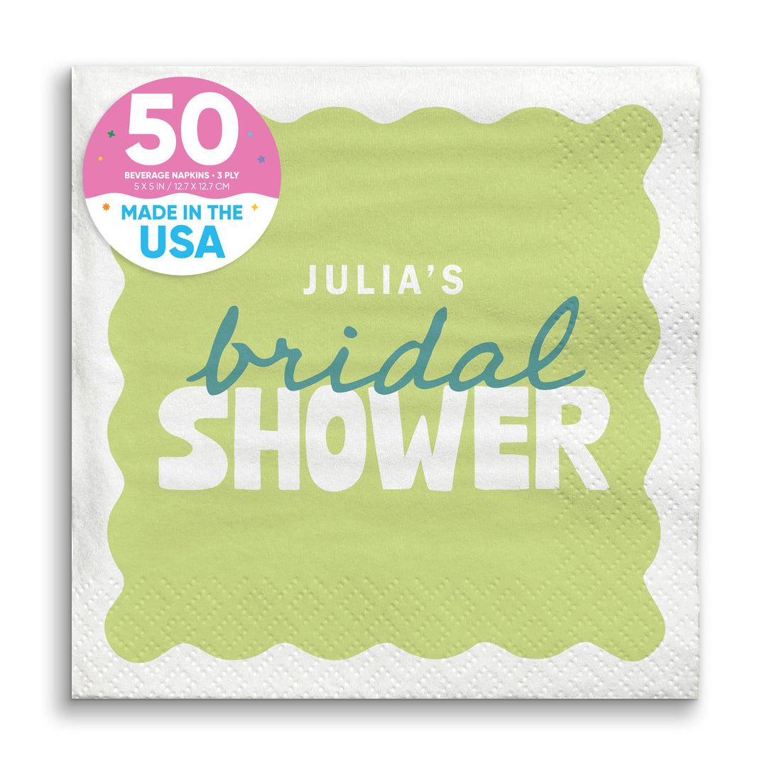 Light Green and Teal Custom bridal shower beverage napkins 50 Count
