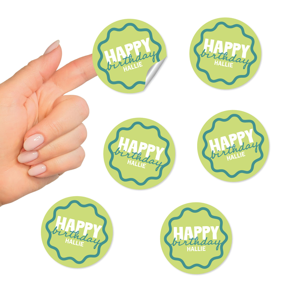 Custom Text Round Stickers - Wavy Birthday - 24 Ct