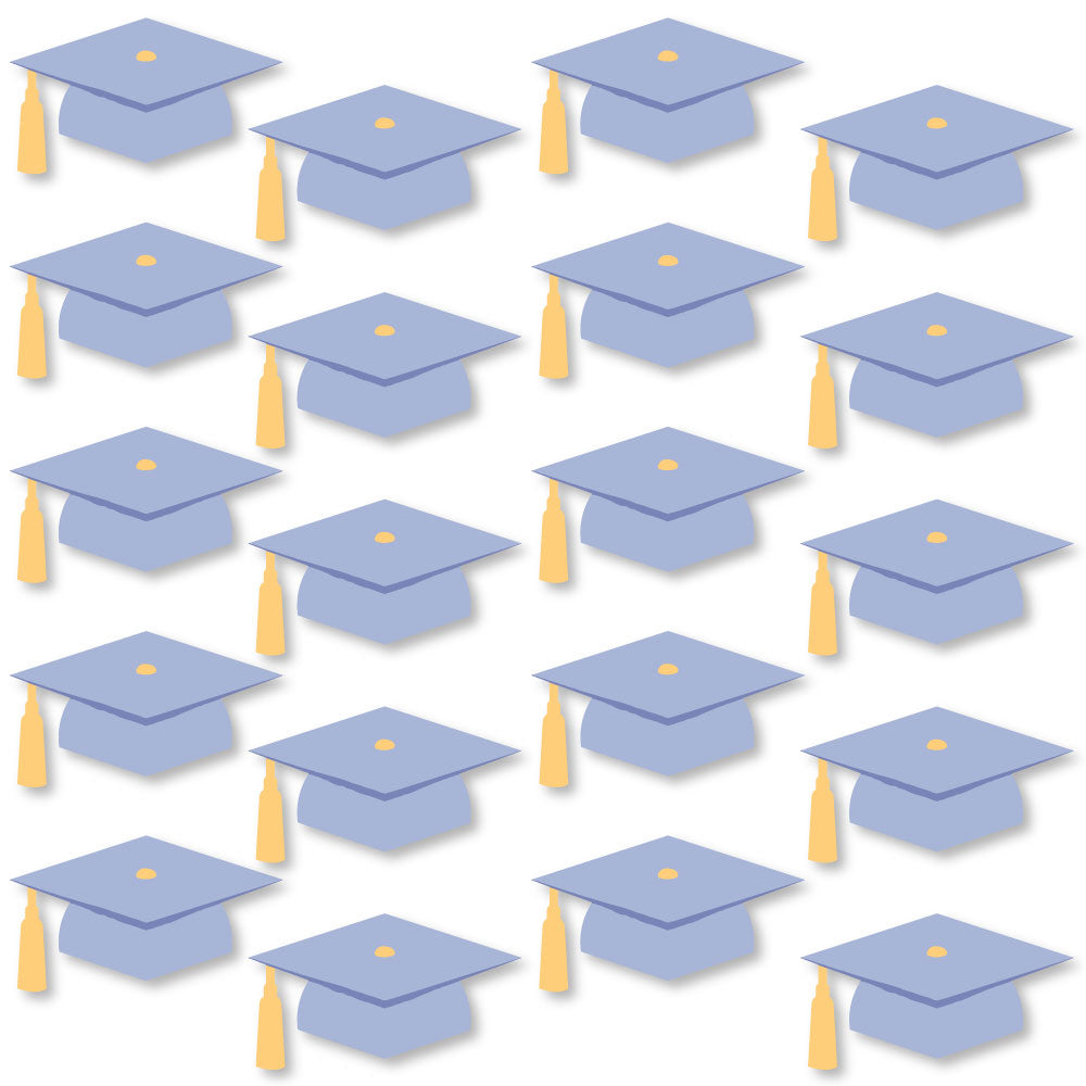 Light pruple graduation caps with yellow tassels on a white background