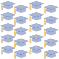 Light pruple graduation caps with yellow tassels on a white background