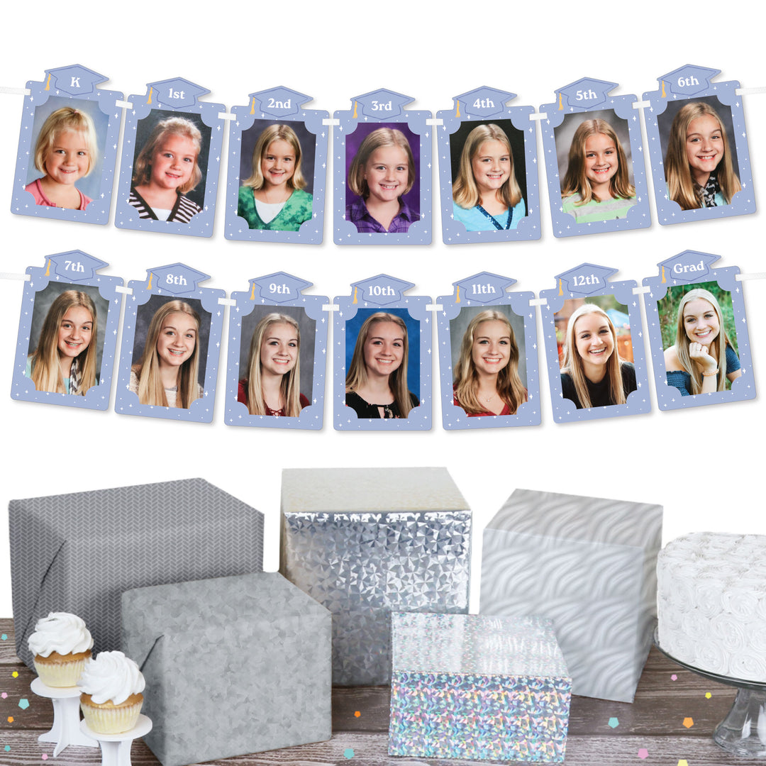 Graduation party wall with pastel photo banner