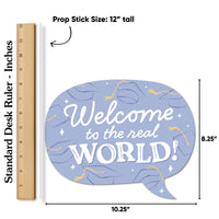 Decorative sign with 'Welcome to the real WORLD!' text, size measurement against a ruler.