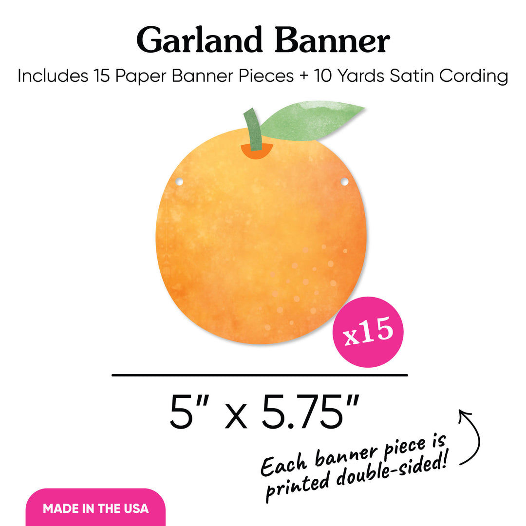 Garland banner with an orange design, including 15 paper banner pieces and satin cording, on a white background.