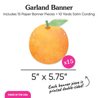 Garland banner with an orange design, including 15 paper banner pieces and satin cording, on a white background.