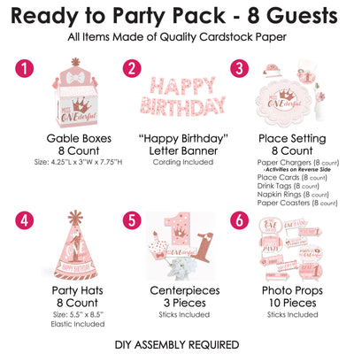 1st Birthday Little Miss Onederful - Girl First Happy Birthday Party Supplies Kit - Ready to Party Pack - 8 Guests