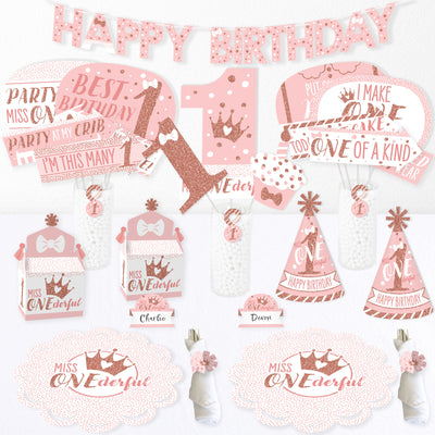 1st Birthday Little Miss Onederful - Girl First Happy Birthday Party Supplies Kit - Ready to Party Pack - 8 Guests