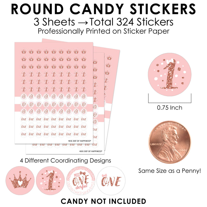 1st Birthday Little Miss Onederful - Girl First Birthday Party Small Round Candy Stickers - Party Favor Labels - 324 Count