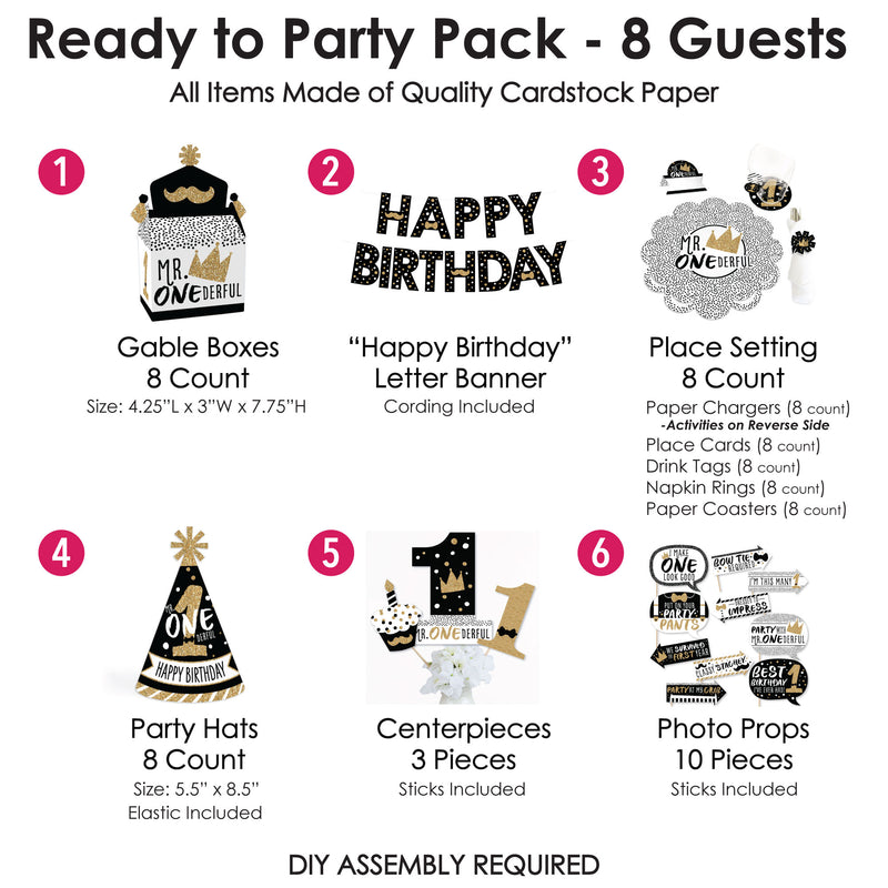 1st Birthday Little Mr. Onederful - Boy First Happy Birthday Party Supplies Kit - Ready to Party Pack - 8 Guests