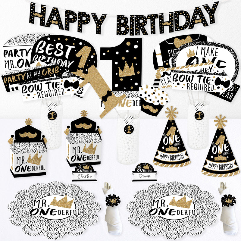 1st Birthday Little Mr. Onederful - Boy First Happy Birthday Party Supplies Kit - Ready to Party Pack - 8 Guests