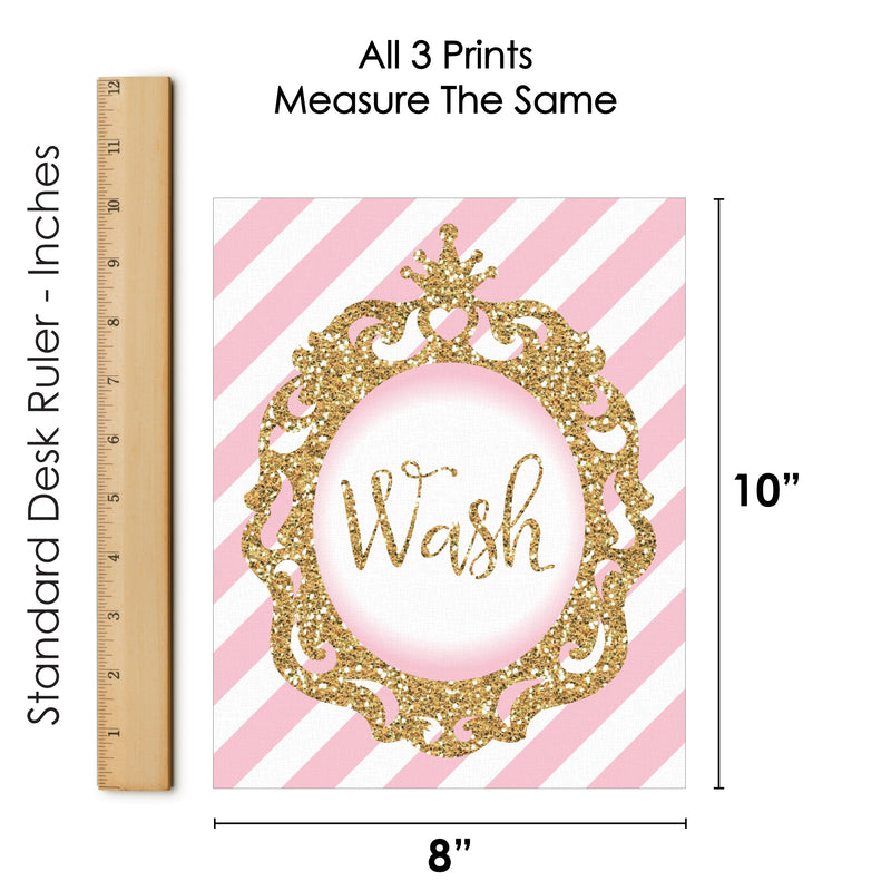 Little Princess Crown - Unframed Wash, Brush, Flush - Pink and Gold Princess Bathroom Wall Art - 8 x 10 inches - Set of 3 Prints