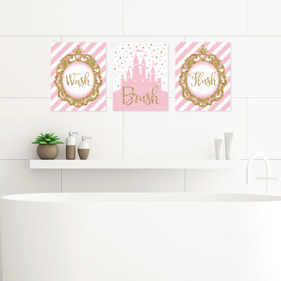 Little Princess Crown - Unframed Wash, Brush, Flush - Pink and Gold Princess Bathroom Wall Art - 8 x 10 inches - Set of 3 Prints