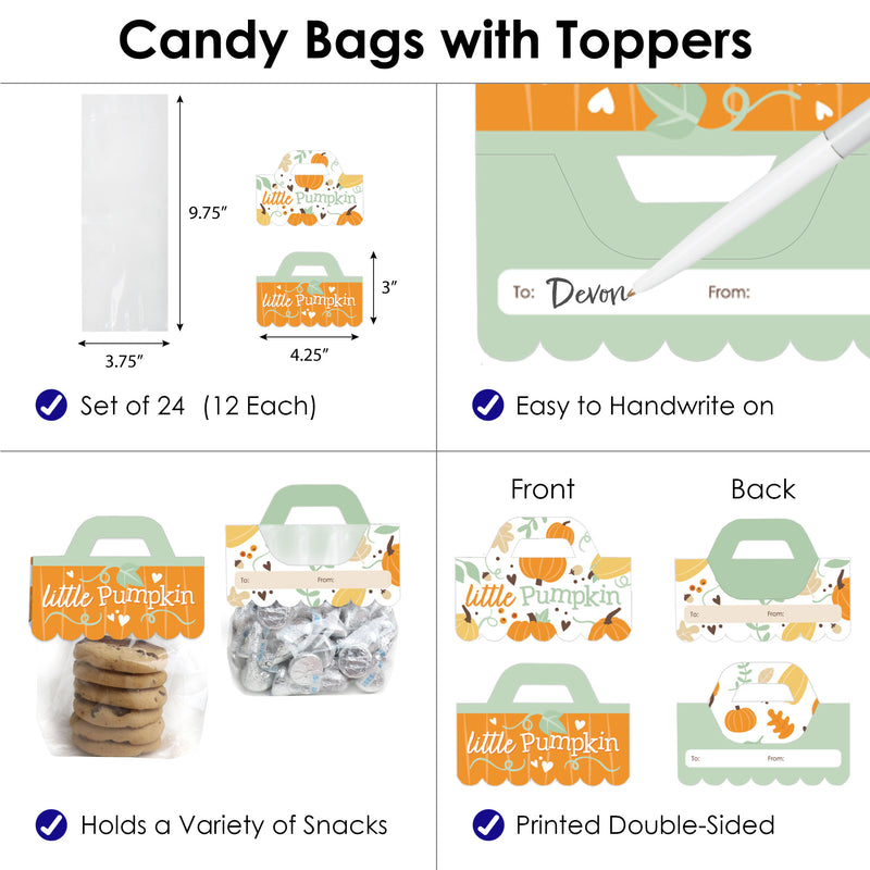 Little Pumpkin - DIY Fall Birthday Party or Baby Shower Clear Goodie Favor Bag Labels - Candy Bags with Toppers - Set of 24
